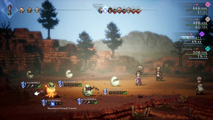 Warriors fight a bunch of monsters in eggs and a strange orange octopus in Octopath Traveler 2