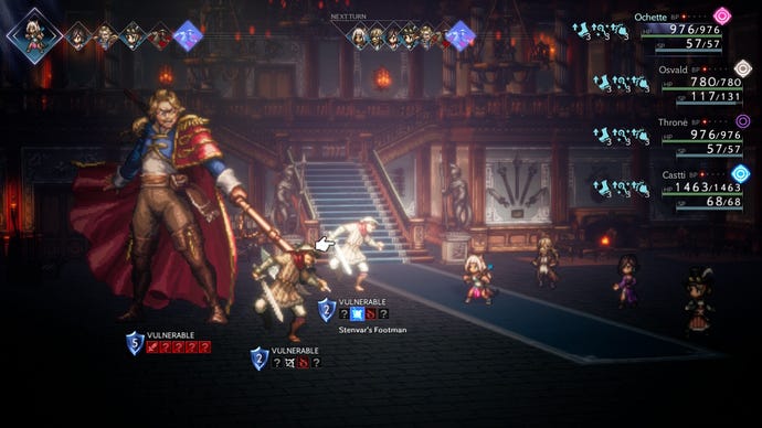 Warriors fight a grand swordsman and their minions in Octopath Traveler 2