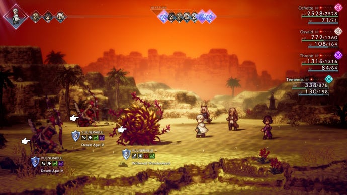 Warriors fight large tumbleweed monsters at sunset in Octopath Traveler 2