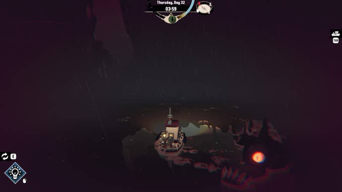 A fishing boat narrowly misses a large anglerfish at night in Dredge