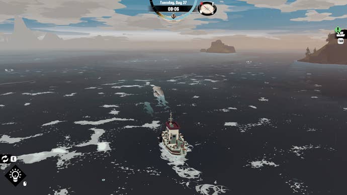 Dolphins break through the waves during the day in front of a small fishing boat in Dredge