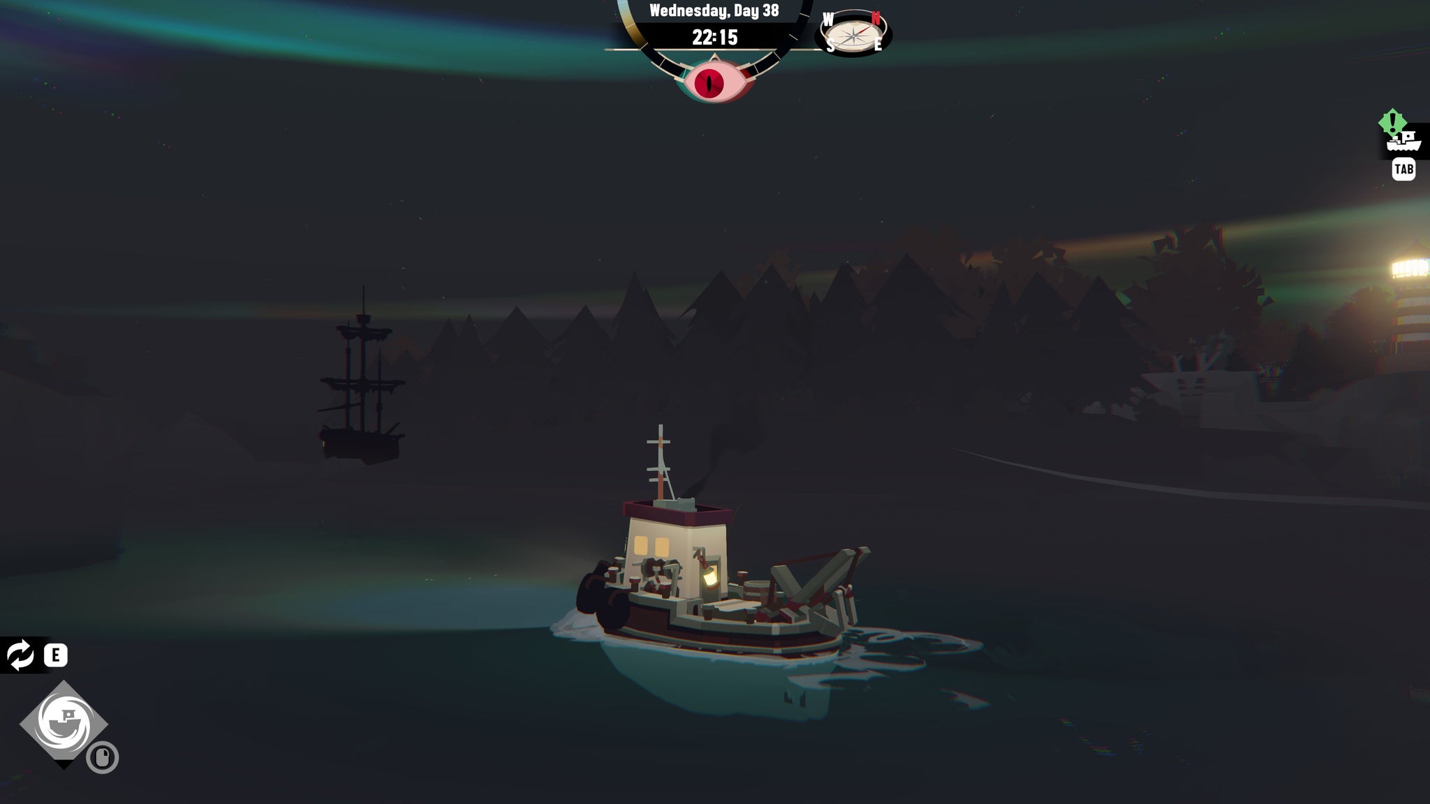 A small fishing boat sails toward the shadow of a dark ship on the horizon at night in Dredge - 3