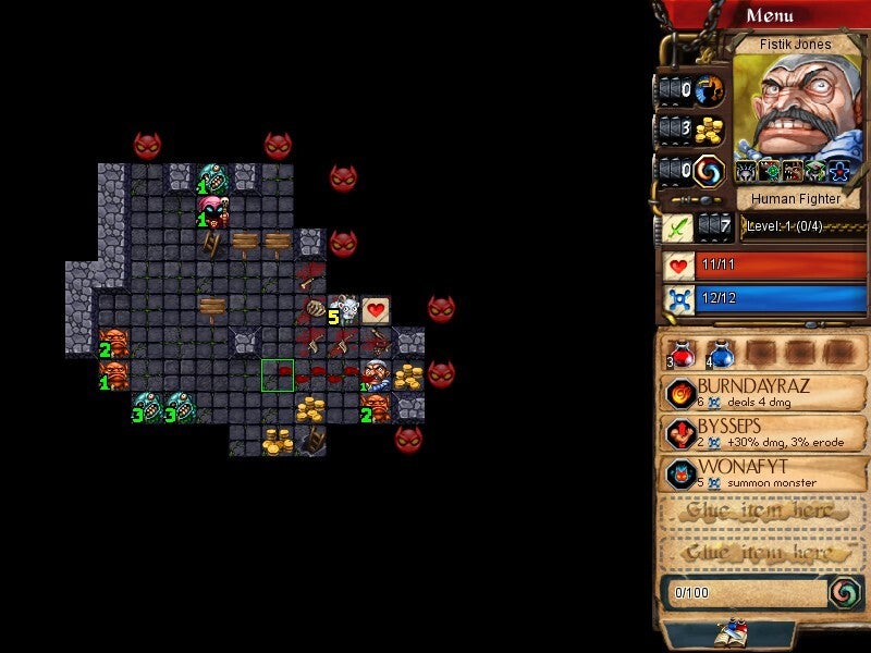 A Minesweeper-like game with little fantasy enemies that have numbers on them. Most of the area is dark around them.