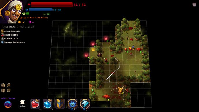 A tiled, forested, game space, with a hero's portrait in the top left of the screen and some icons - abilities - on a hotbar below.