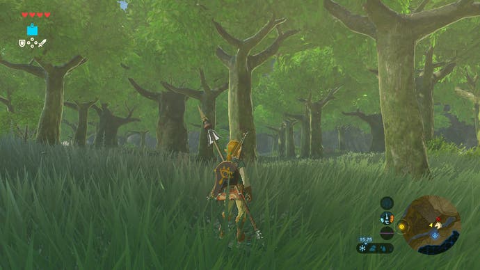 A screenshot from The Legend of Zelda: Breath of the Wild, showing Link exploring a woodland