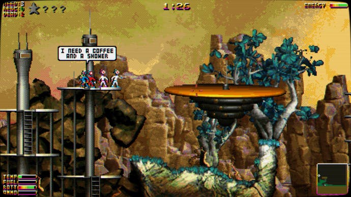 A screenshot from Moons of Darsalon, a 2D platform game about saving lost astronauts, showing a group of characters bracing themselves for a jump