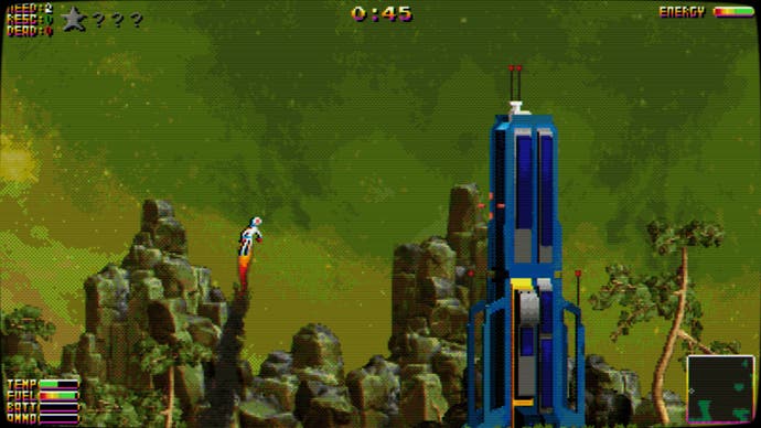 A screenshot from Moons of Darsalon, a 2D platform game about saving lost astronauts, showing the player flying around on a jetpack