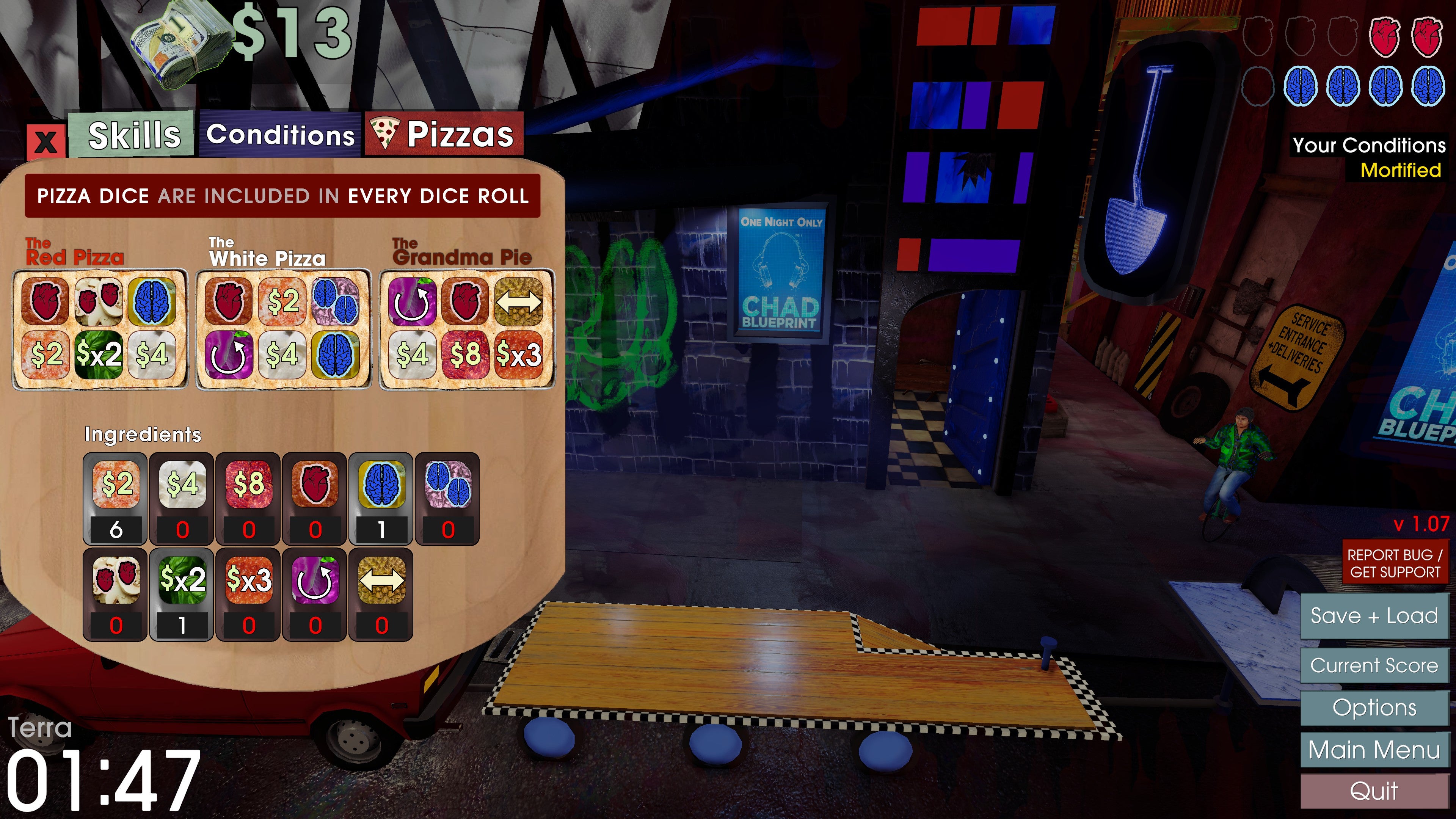 A screenshot of three pizza dice from Betrayal At Club Low