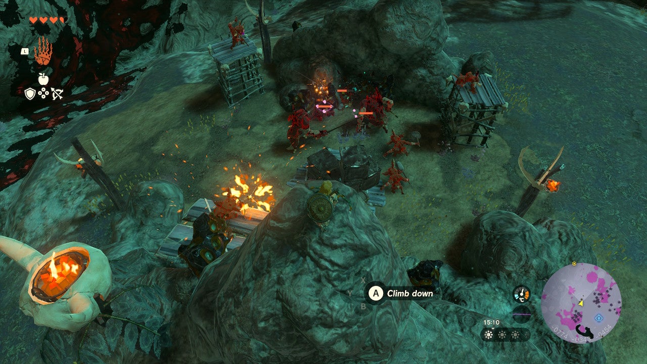 Link scouting out a Bokoblin outpost in one of The Legend of Zelda: Tears of the Kingdom&rsquo;s new Chasm underground areas.