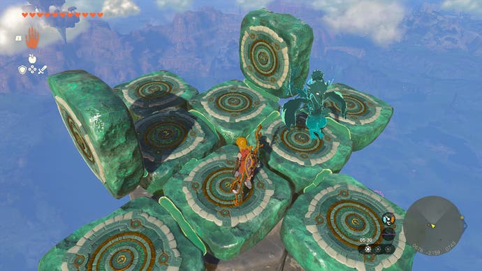 Link trying to build a flying house from Zonai platforms in Zelda: Tears of the Kingdom, and getting confused about which bit goes where.