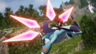 The player flies using a flying mount Pal in Palworld