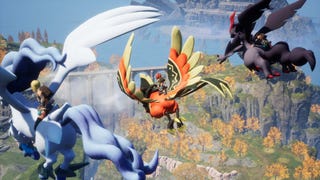 Three [players traverse on flying mounts in Palworld