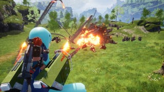 The player mounts a Pal and uses weapons on them to fight another Pal in Palworld