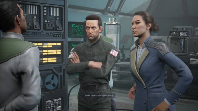 A cutscene from Tindalos Interactive’s movie adaptation Aliens: Dark Descent, showing dual protagonists Maeko Hayes and Jonas Harper in conversation with a scientist aboard the crashed spaceship Otago.