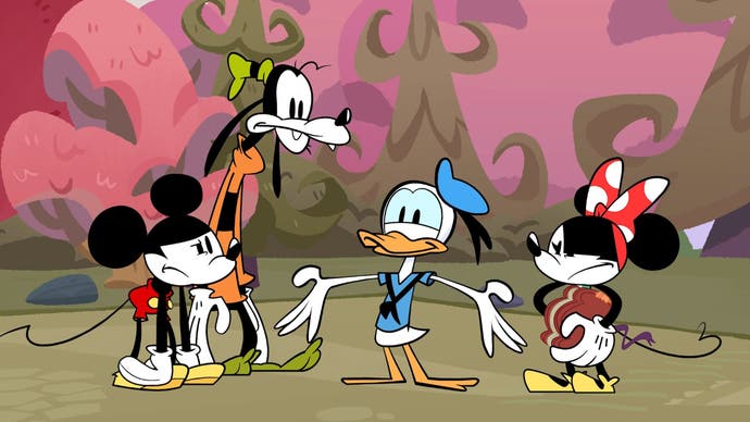Mickey, Goofy, and Minnie around Donald shrugging in Disney Illusion Island