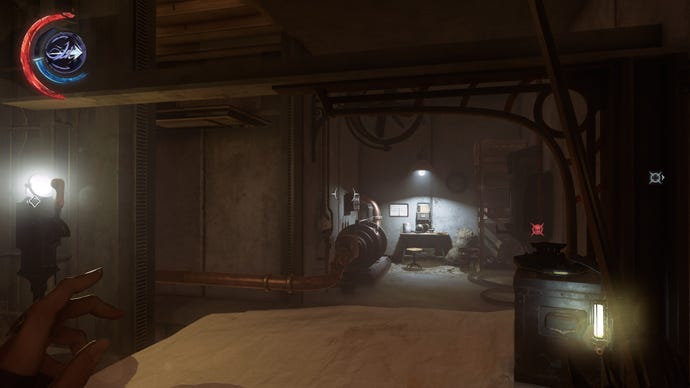 A small desk in an underground section of a mansion in Dishonored 2