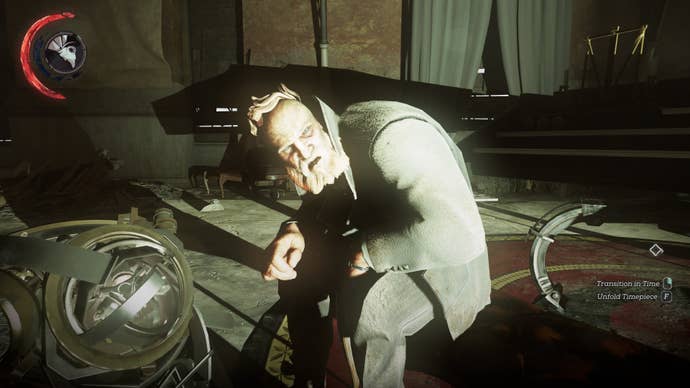 Amaris Stilton sits hunched on a piano stool in Dishonored 2