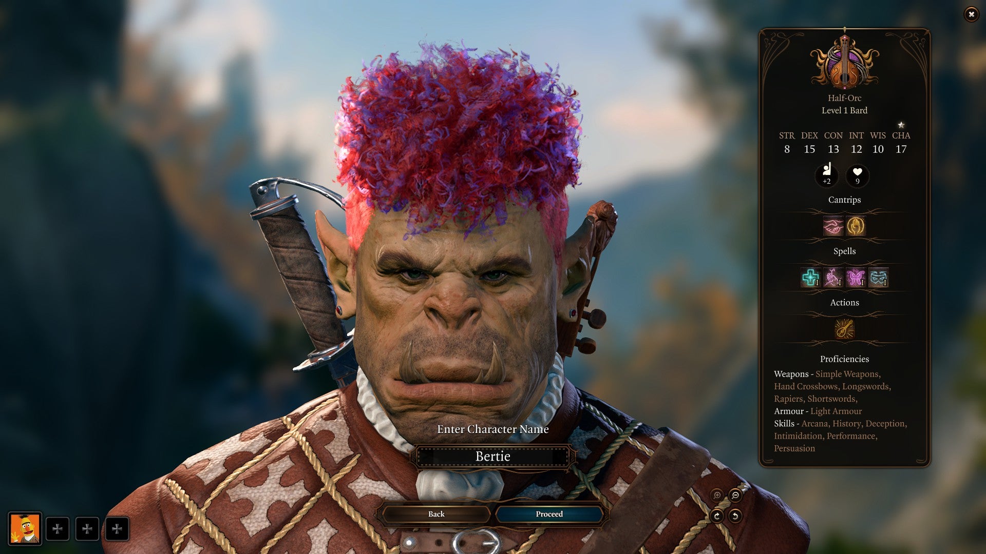 The end of character creation in Baldur&rsquo;s Gate 3. Created here: a purple and pink-haired half-orc bard. Called Bertie.