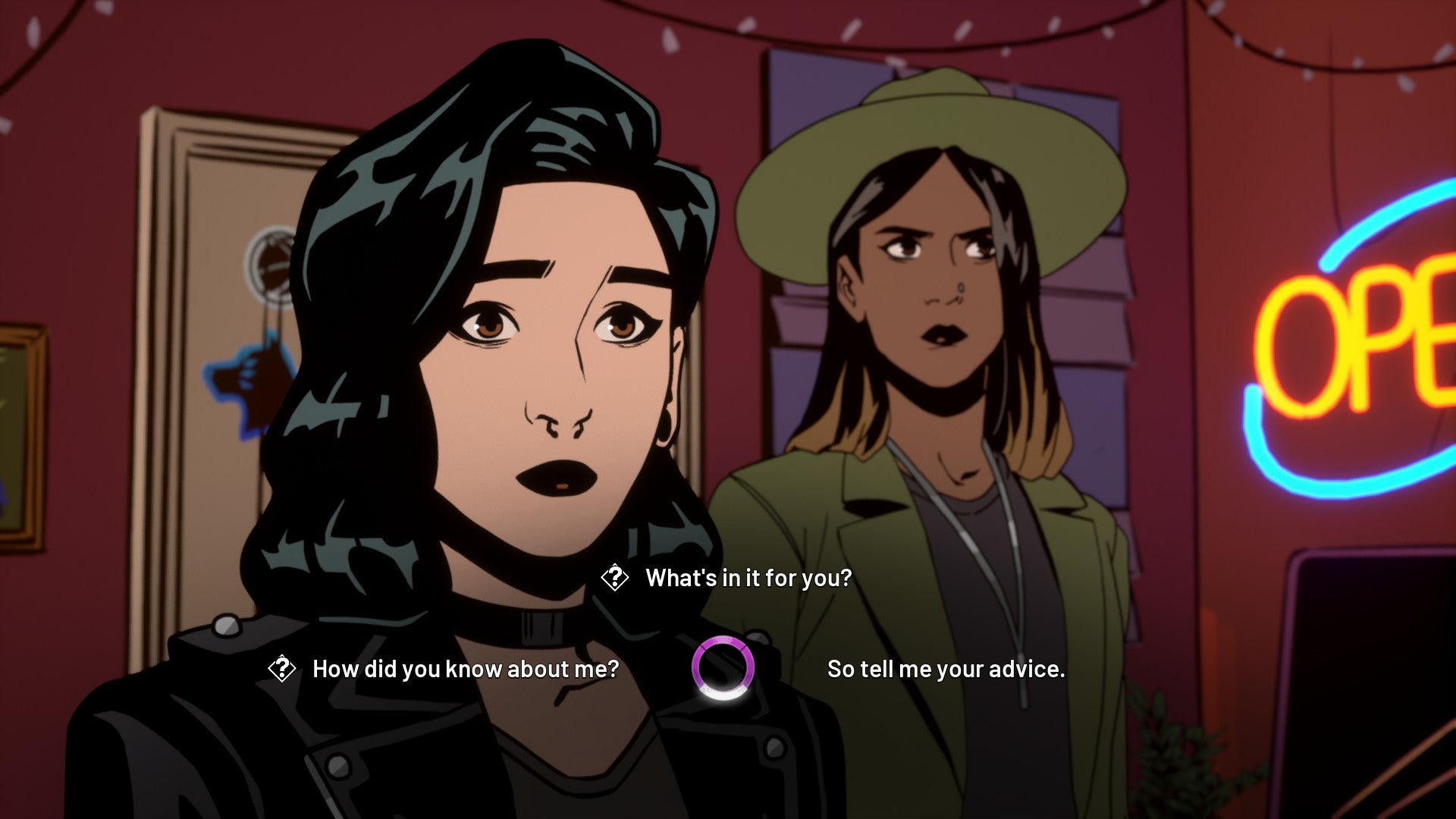 Grace makes dialogue choices with Freddie in Stray Gods