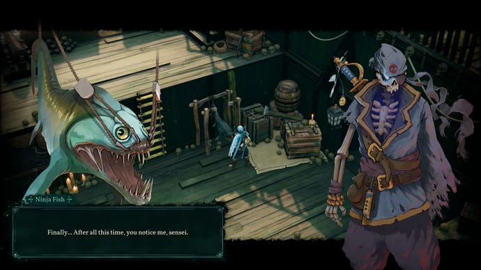 A skeleton pirate talks to a fish in Shadow Gambit: The Cursed Crew
