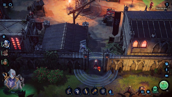 A skeleton pirate prepares to jump onto a guard from above in Shadow Gambit: The Cursed Crew