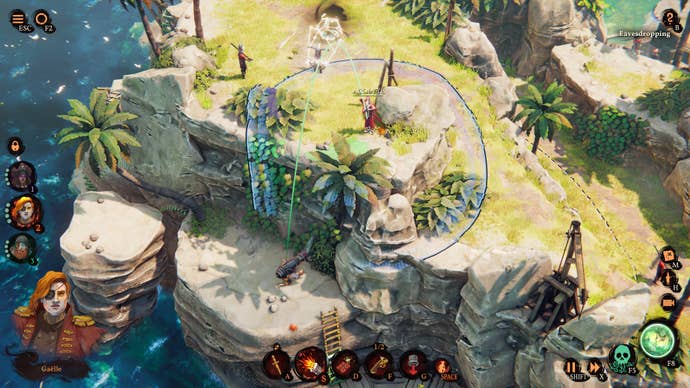 A pirate prepares to fire a body out of her cannon onto another guard in Shadow Gambit: The Cursed Crew