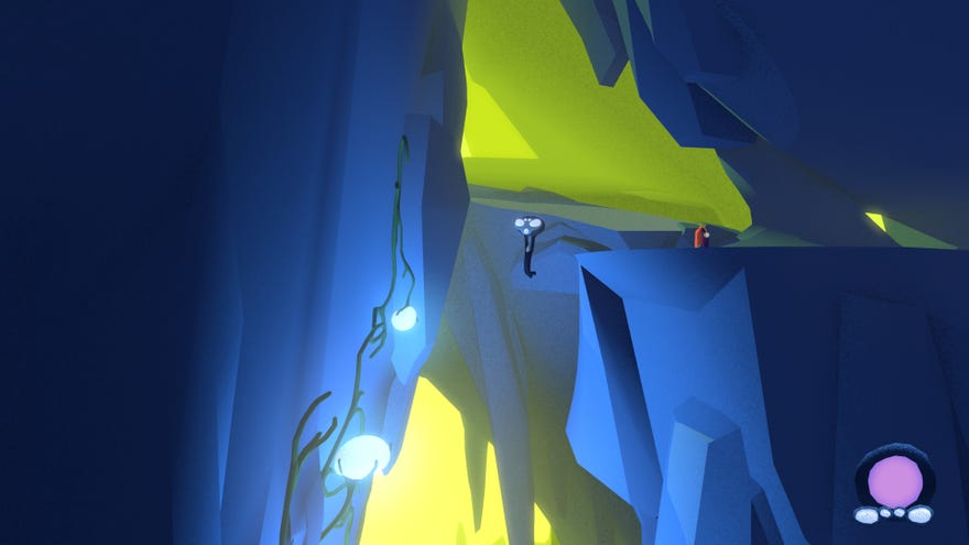 A small black alien floats upwards inside a glowing cavern in Airhead