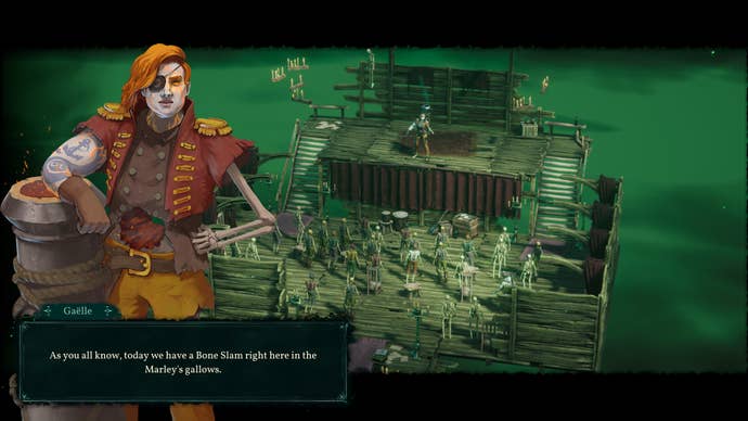 A female pirate leads a poetry jam inside a pirate ship in Shadow Gambit: The Cursed Crew