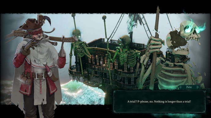 A sharpshooter speaks to a giant skeleton on a boat in Shadow Gambit: The Cursed Crew