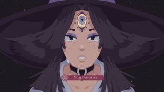 Cosmic Wheel Sisterhood screenshot showing Fortuna in pixel art centre-frame, staring at the camera with tears in her eyes. She wears deep purple, with purple eye shadow and a third eye in her forehead.