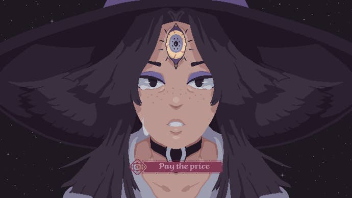 Cosmic Wheel Sisterhood screenshot showing Fortuna in pixel art centre-frame, staring at the camera with tears in her eyes. She wears deep purple, with purple eye shadow and a third eye in her forehead.