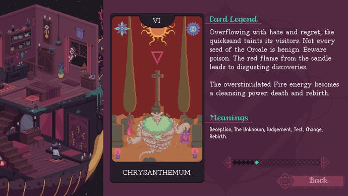 The Cosmic Wheel Sisterhood review screenshot, showing a divination card called The Chrysanthemum
