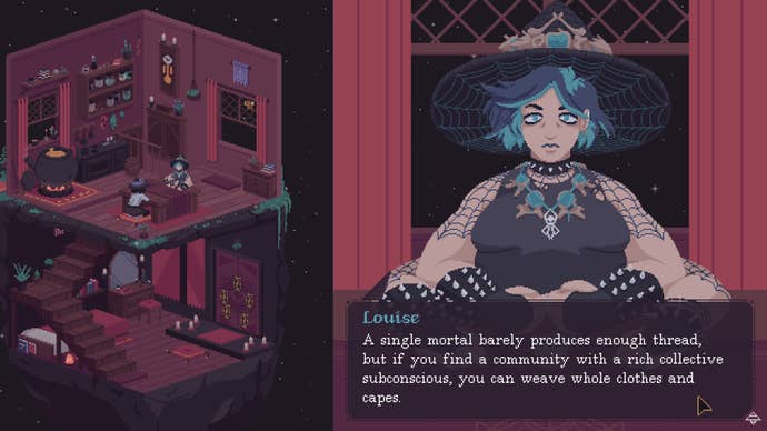 A conversation with a four-armed spider-themed character in The Cosmic Wheel Sisterhood about the manufacturing of magic cloth.