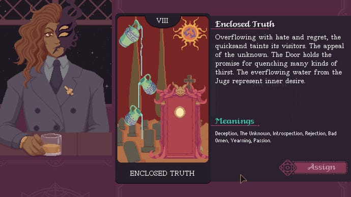 A player-created card in The Cosmic Wheel Sisterhood, showing jugs pouring water into each other against a red sunlit landscape, next to a fearsome magic door.