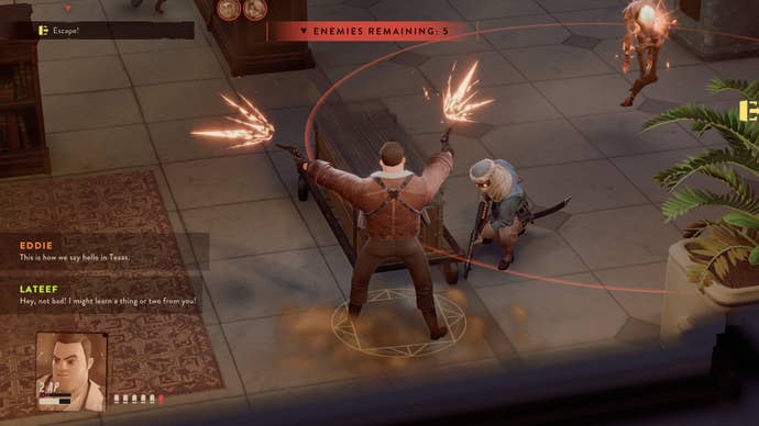 A man in a pilot jacket fires two guns inside a museum in The Lamplighters League