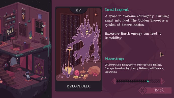 A player-created card in The Cosmic Wheel Sisterhood, showing a fearsome spectre holding a flame-wreathed golden shovel next a bead-curtained door.