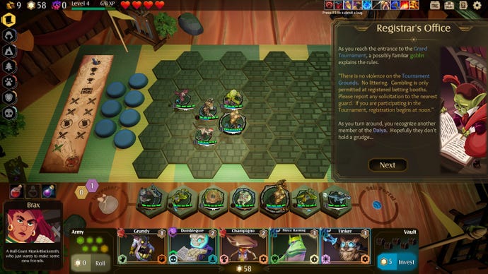 A grid board of monsters, with text about a registrar’s office in Tales & Tactics