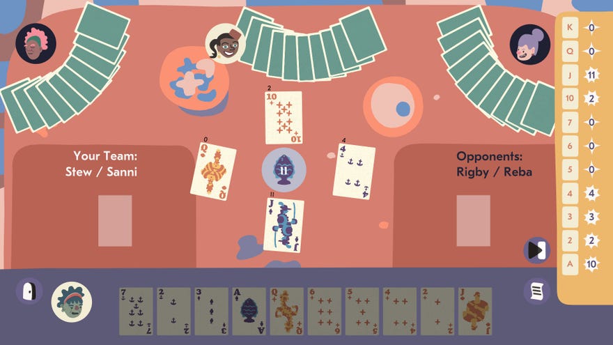 A round of cardgame Spoils in Saltsea Chronicles, with four cards in play.