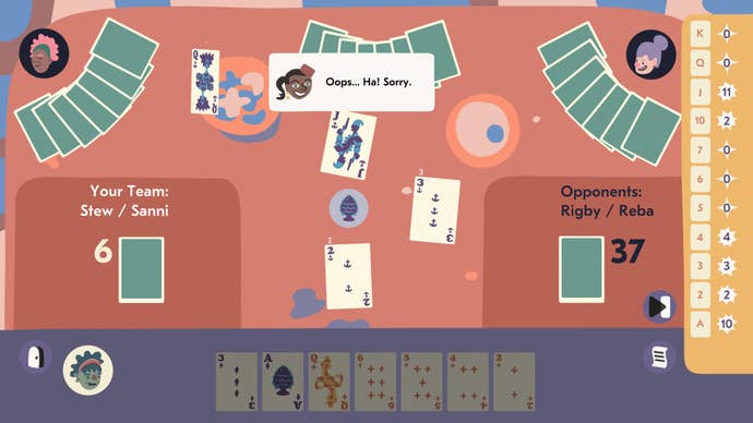 An image of a round of cardgame Spoils in Saltsea Chronicles, with one player saying “Oops!"