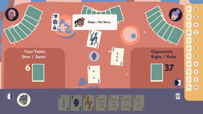 An image of a round of cardgame Spoils in Saltsea Chronicles, with one player saying “Oops!"