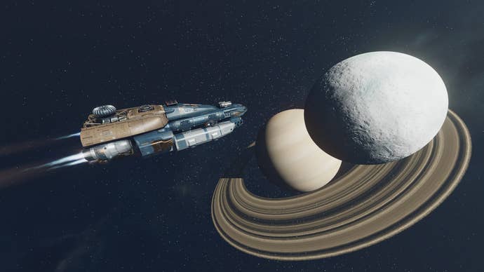 The Wanderwell ship orbits a ringed planet’s moon in Starfield.