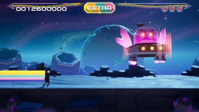A black pixel character with rainbows streaming behind him runs at a UFO enemy in Bit.Trip ReRunner
