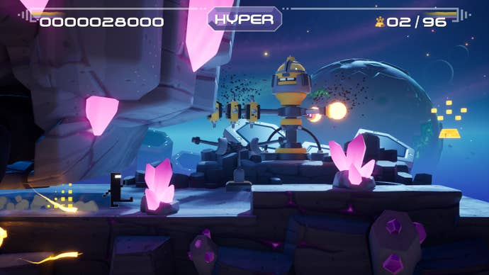 A black pixel character kicks a pink rock on the moon in Bit.Trip ReRunner