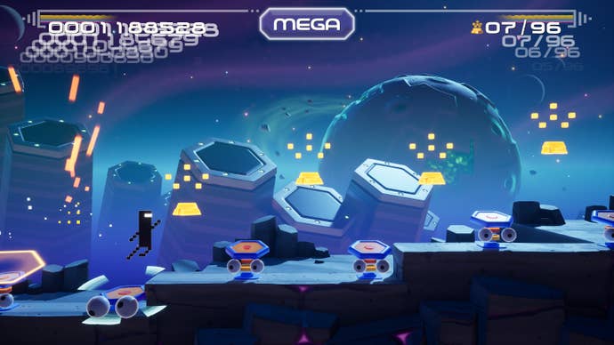 A black pixel character jumps to reach some gold on the moon in Bit.Trip ReRunner