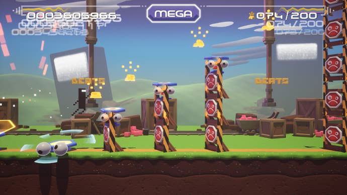 A black pixel character jumps over wooden obstacles in Bit.Trip ReRunner