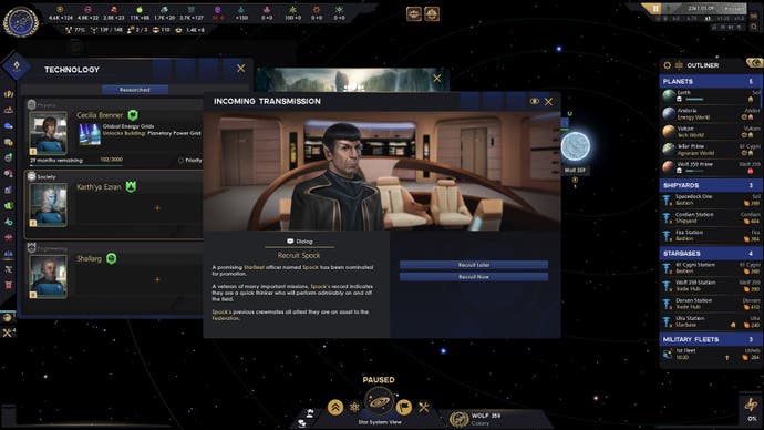 Star Trek: Infinite screenshot showing an incoming transmission message inviting the player to recruit Spock to their crew