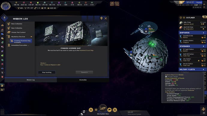 Star Trek: Infinite screenshot showing a Starfleet mission log to investigate a crashed Borg ship