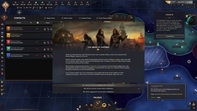 Star Trek: Infinite screenshot showing an event prompt titled The Ashes of Khitomer, asking the player how they want to behave toward other civilisations
