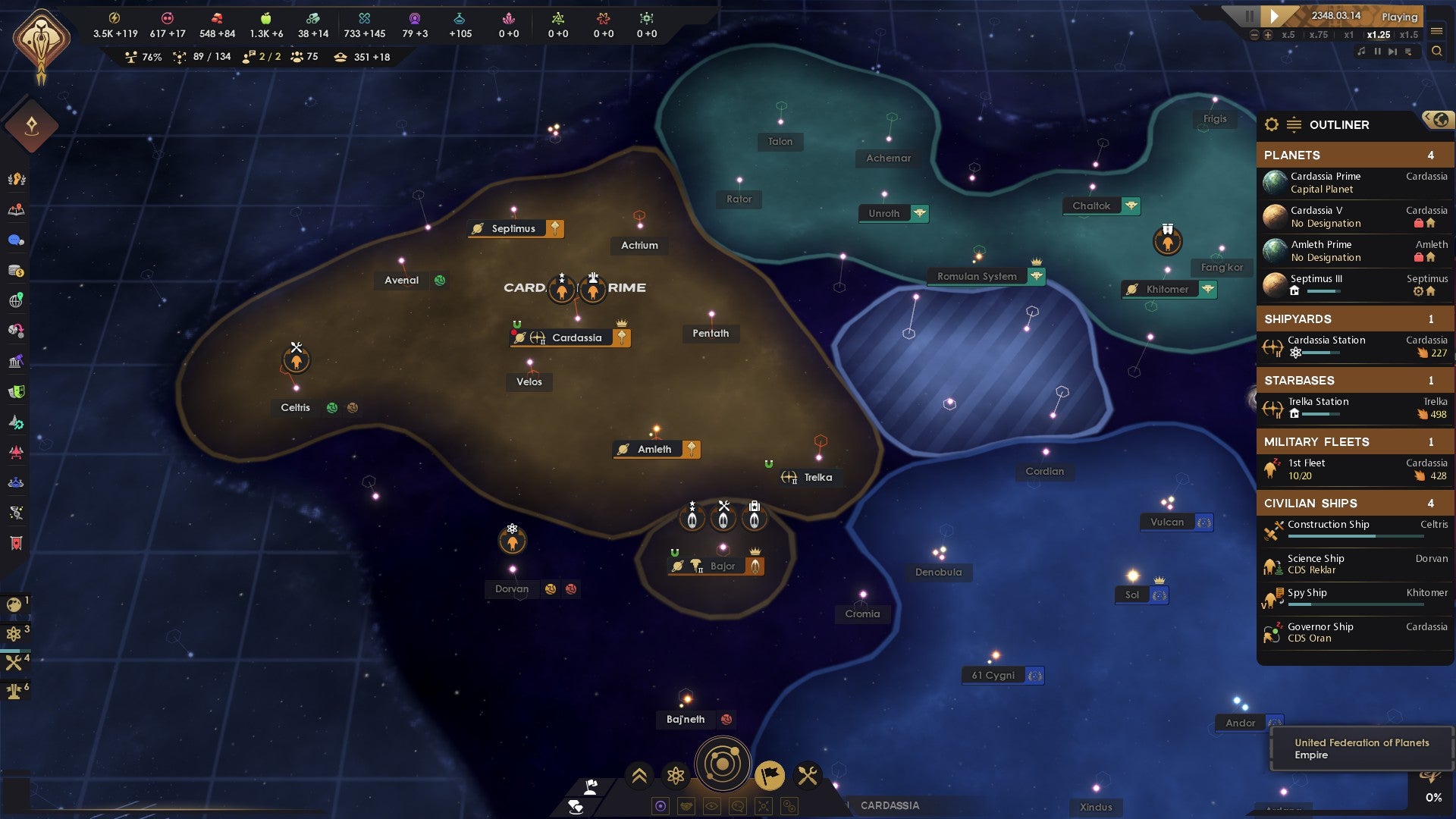 Star Trek: Infinite screenshot showing a portion of the map mostly featuring Cardassian territory