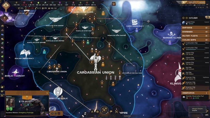Star Trek: Infinite screenshot of the galactic map showing the Cardassian Union and its reachable space, all surrounded by various other powers